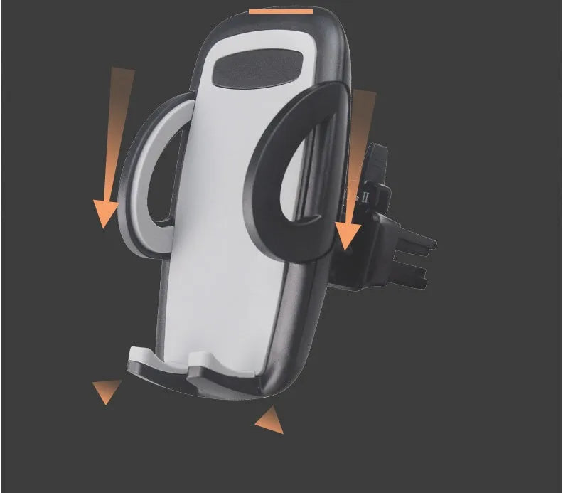 Black plastic mobile phone holder clipped to a car air conditioning vent.
