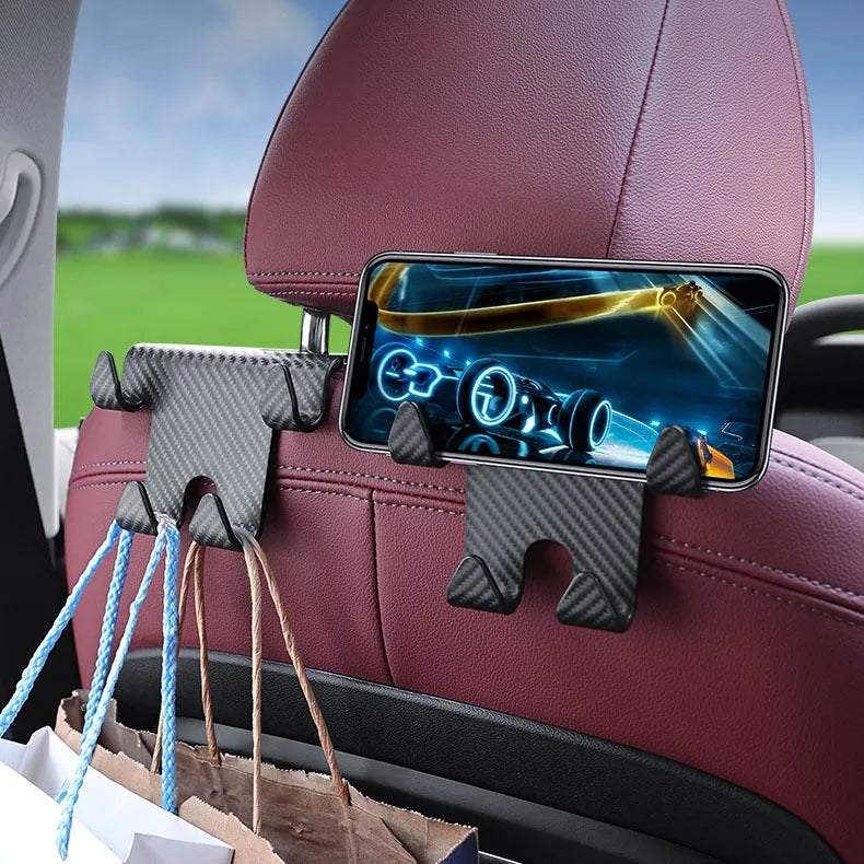 Black ABS plastic car seat back hook with integrated mobile phone holder bracket
