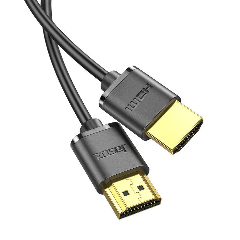 Thin flexible HDMI video cable with gold-plated connectors, shown in various lengths from 0.5 to 5 metres.