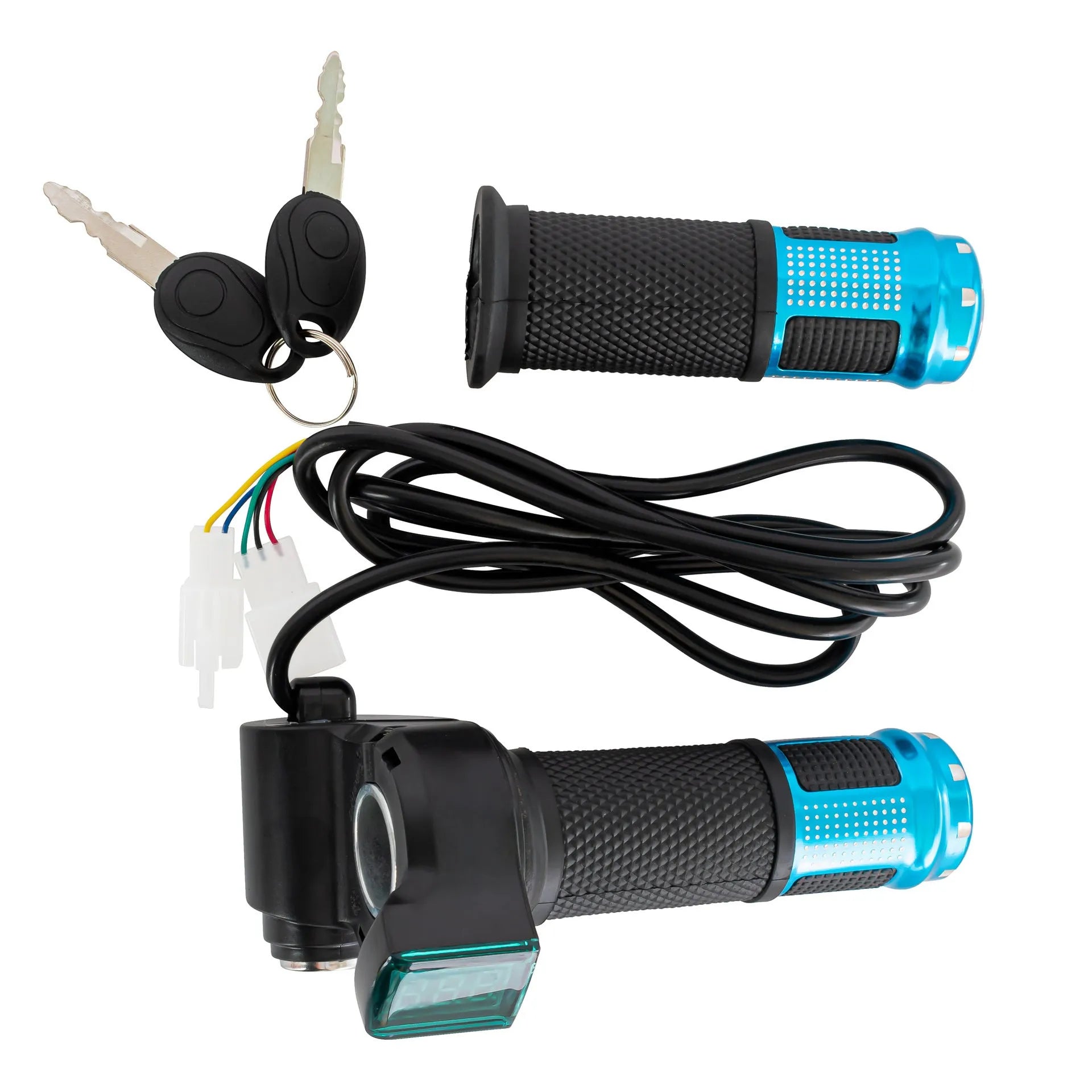 Electric vehicle handlebar grip in blue, red, silver, and yellow colours, showing 5-core wiring connector.