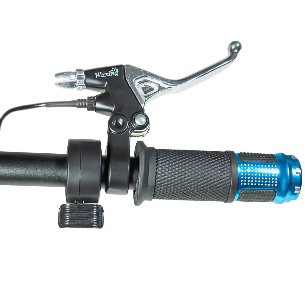 Electric vehicle handlebar grip in blue, red, silver, and yellow colours, showing 5-core wiring connector.