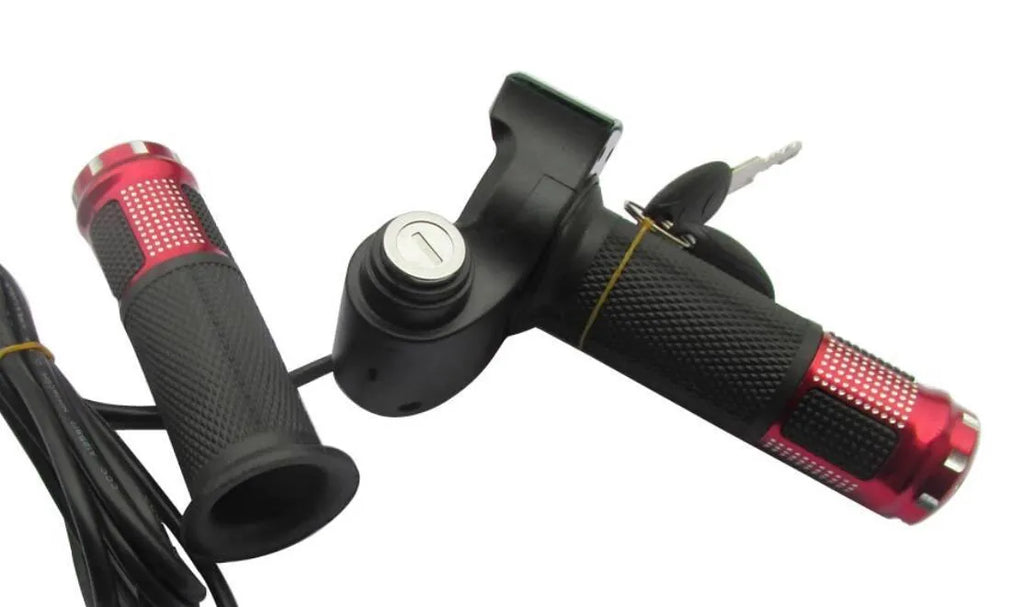 Electric vehicle handlebar grip in blue, red, silver, and yellow colours, showing 5-core wiring connector.