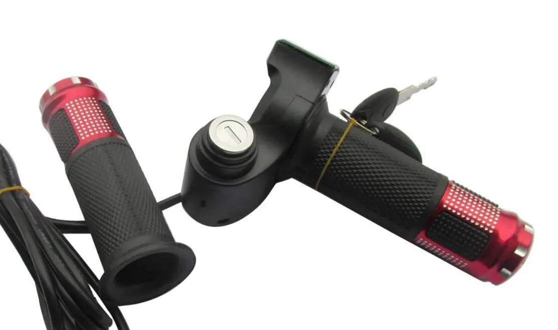 Electric vehicle handlebar grip in blue, red, silver, and yellow colours, showing 5-core wiring connector.