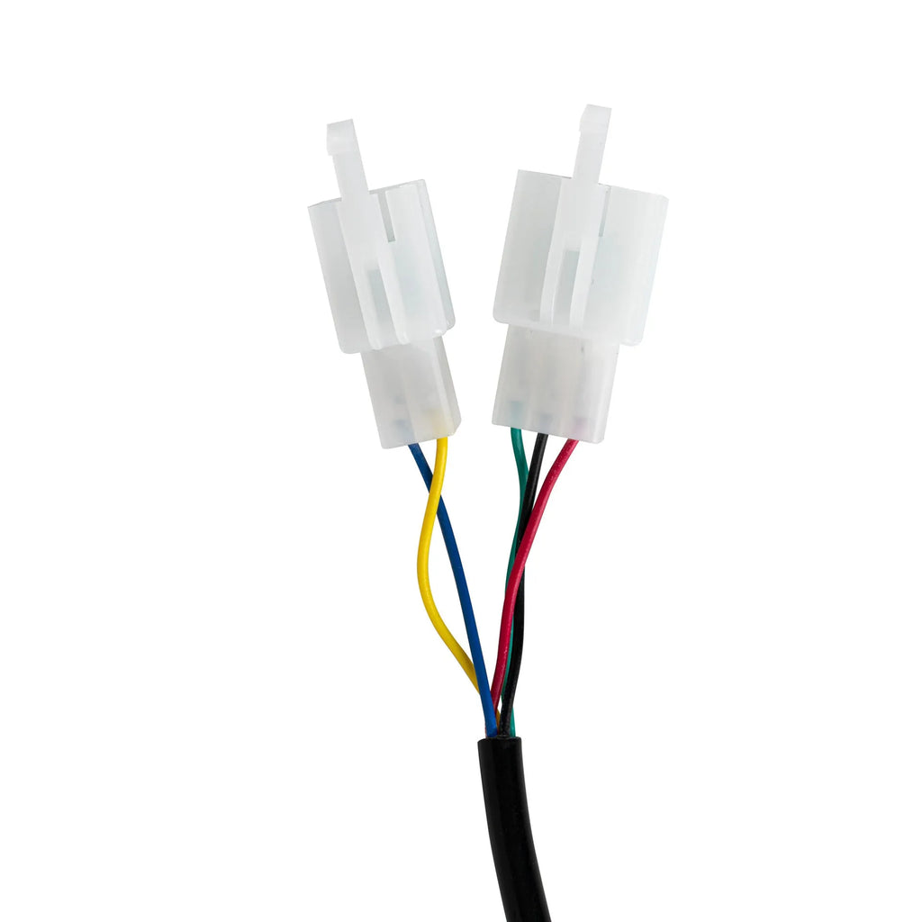 Electric vehicle handlebar grip in blue, red, silver, and yellow colours, showing 5-core wiring connector.