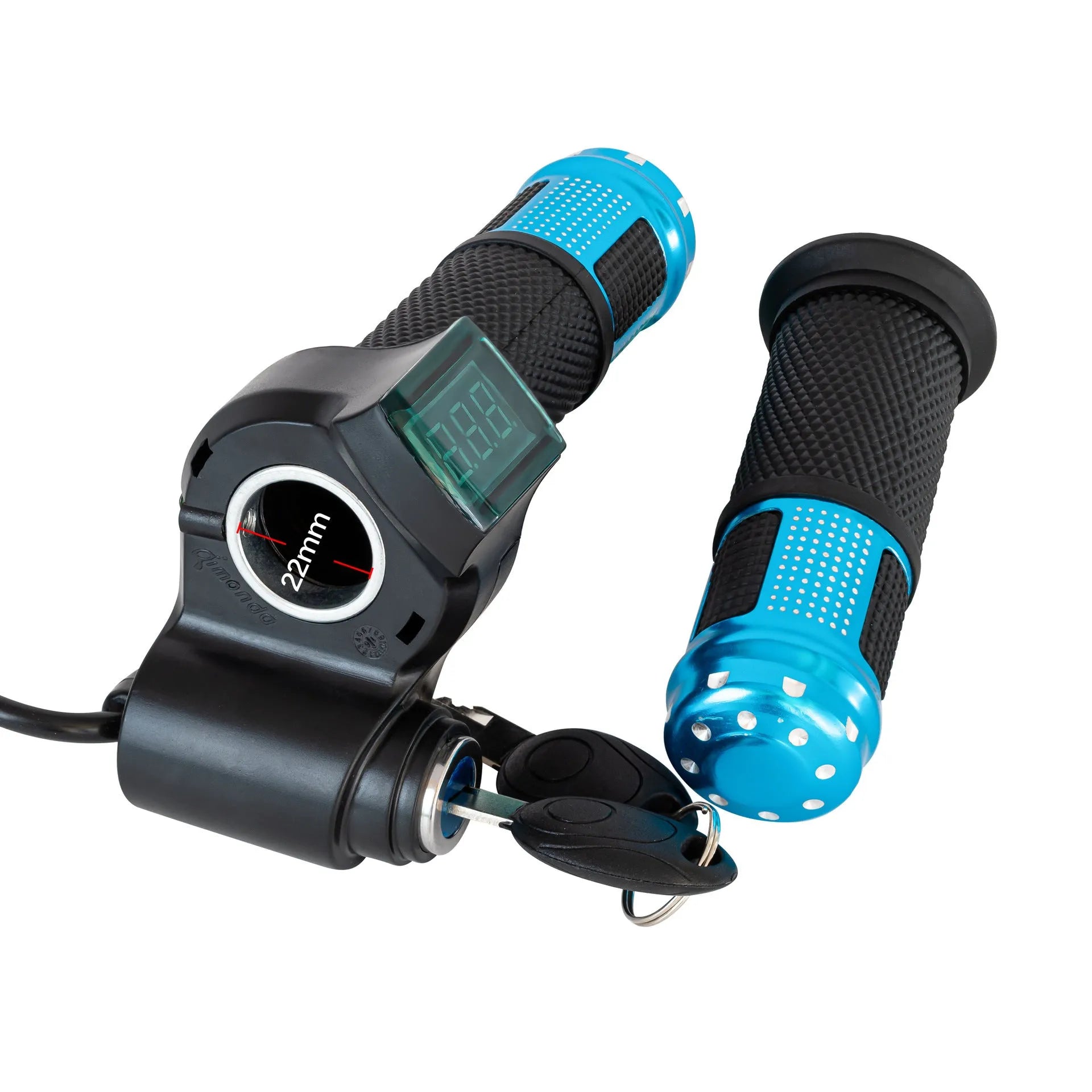 Electric vehicle handlebar grip in blue, red, silver, and yellow colours, showing 5-core wiring connector.
