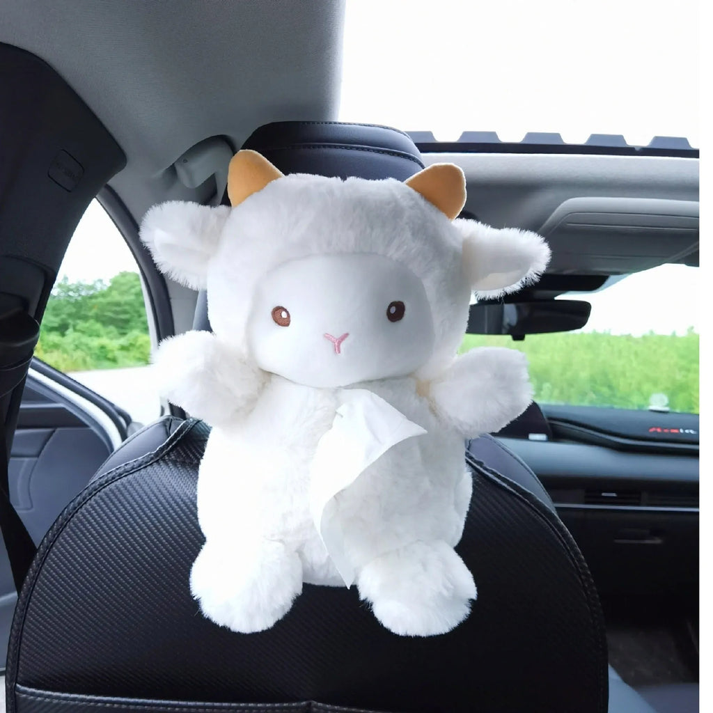 Plush cartoon car tissue box with lamb character design for vehicle and home use