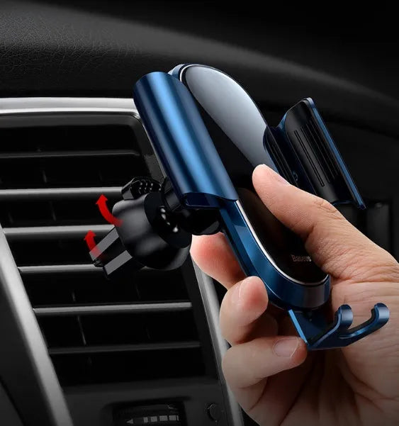 Universal smart car phone mount bracket in black, blue, and silvery grey colours.