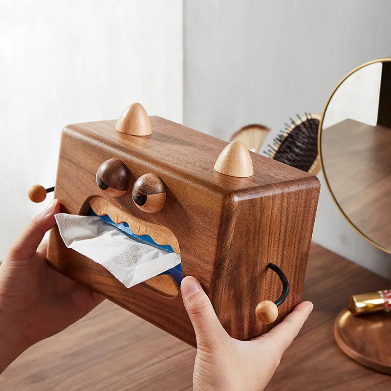 Little Monster cartoon wooden tissue box in walnut beech colour measuring 190mm wide