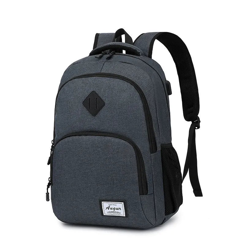 USB charging backpack in grey with trolley sleeve and dimensions 32x15x46cm