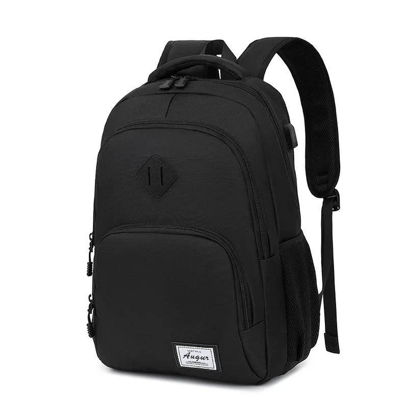 USB charging backpack in grey with trolley sleeve and dimensions 32x15x46cm