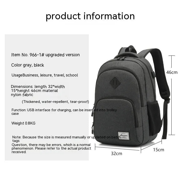 USB charging backpack in grey with trolley sleeve and dimensions 32x15x46cm