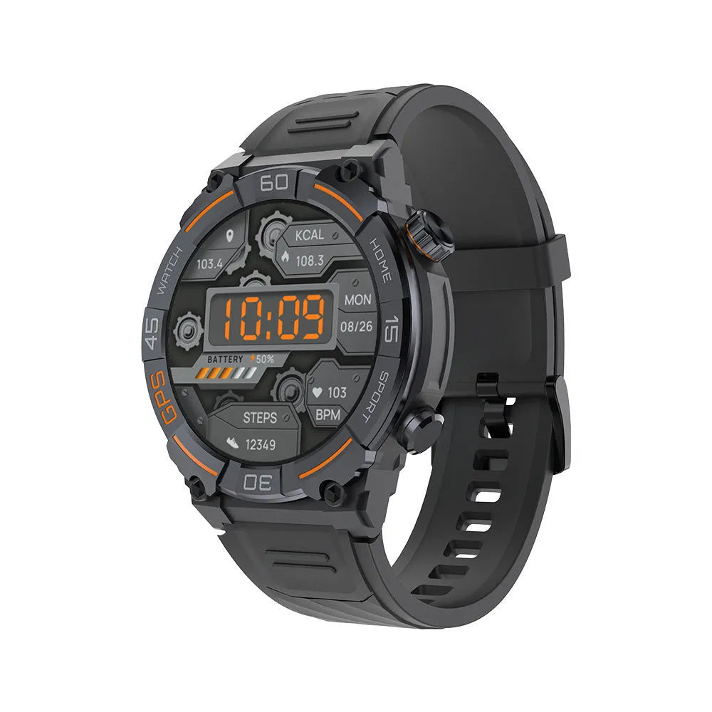 MG02 smart watch in black colour with touch screen displaying health metrics and Bluetooth calling interface