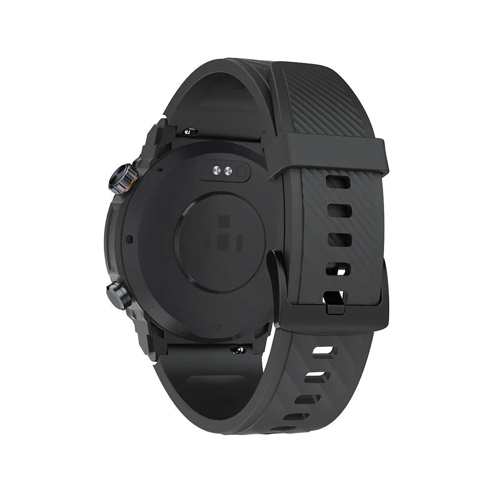 MG02 smart watch in black colour with touch screen displaying health metrics and Bluetooth calling interface