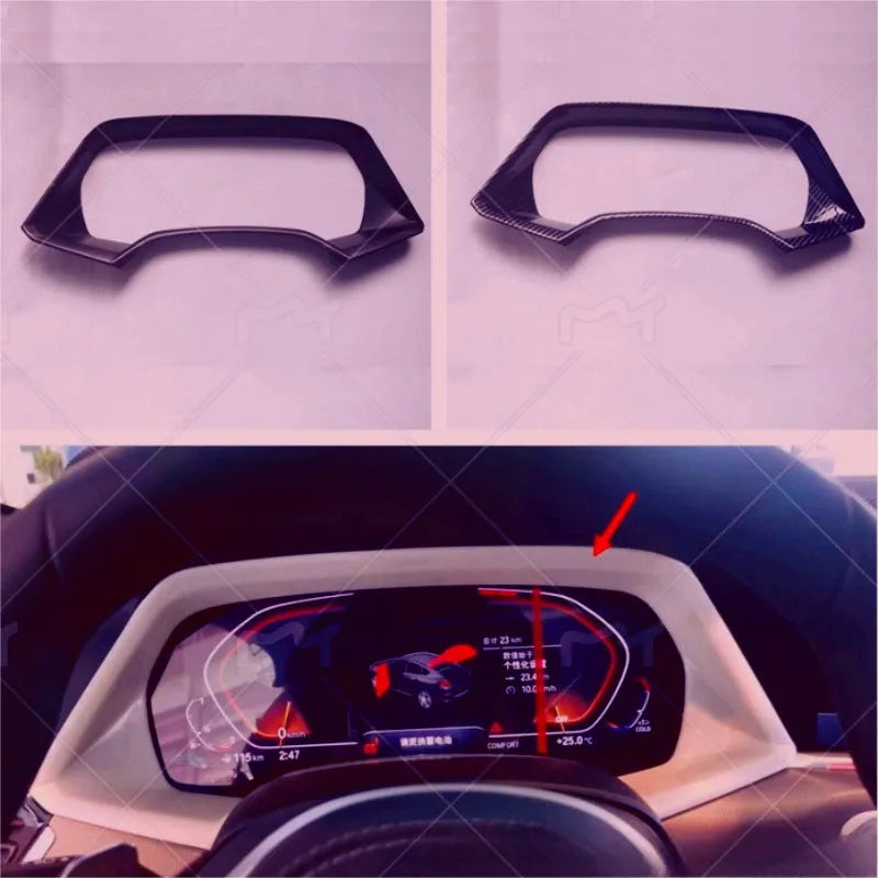 BMW X5 dashboard decorative frame in Peach Wood and Carbon Fiber finishes with double-sided adhesive tape