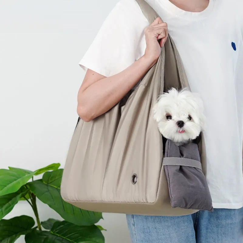 Apricot cloth pet carrier handbag showing 41x16x28cm dimensions and carrying handles