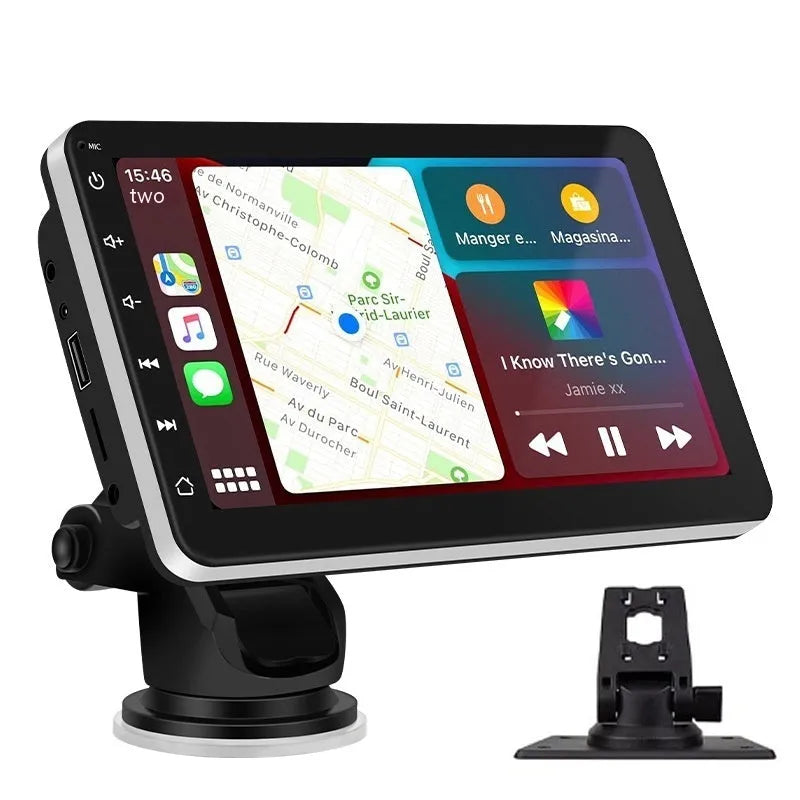 Wireless Bluetooth car navigation unit with 7 inch OLED screen showing map and reverse camera feed.