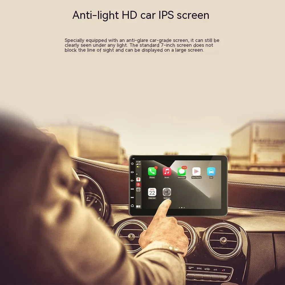 Wireless Bluetooth car navigation unit with 7 inch OLED screen showing map and reverse camera feed.