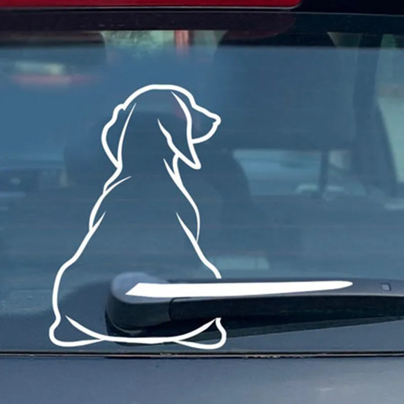Black and white cartoon dog rear windscreen wiper vinyl sticker set for cars showing dimensions