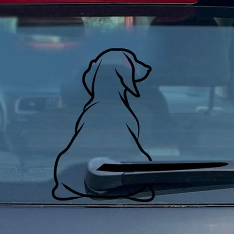 Black and white cartoon dog rear windscreen wiper vinyl sticker set for cars showing dimensions