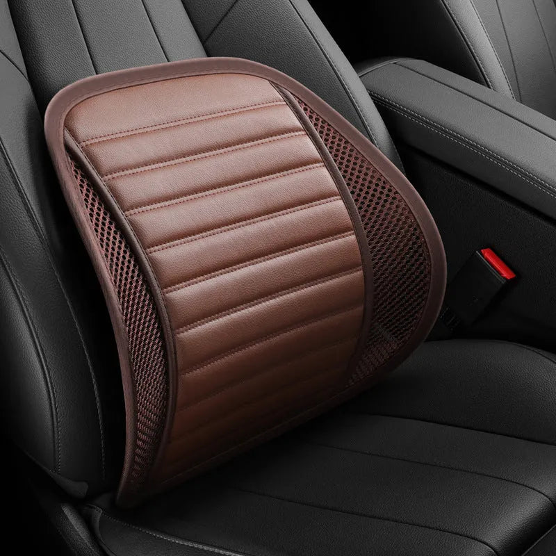 Genuine leather lumbar support cushion for car seat and office chair in sapphire blue colour.
