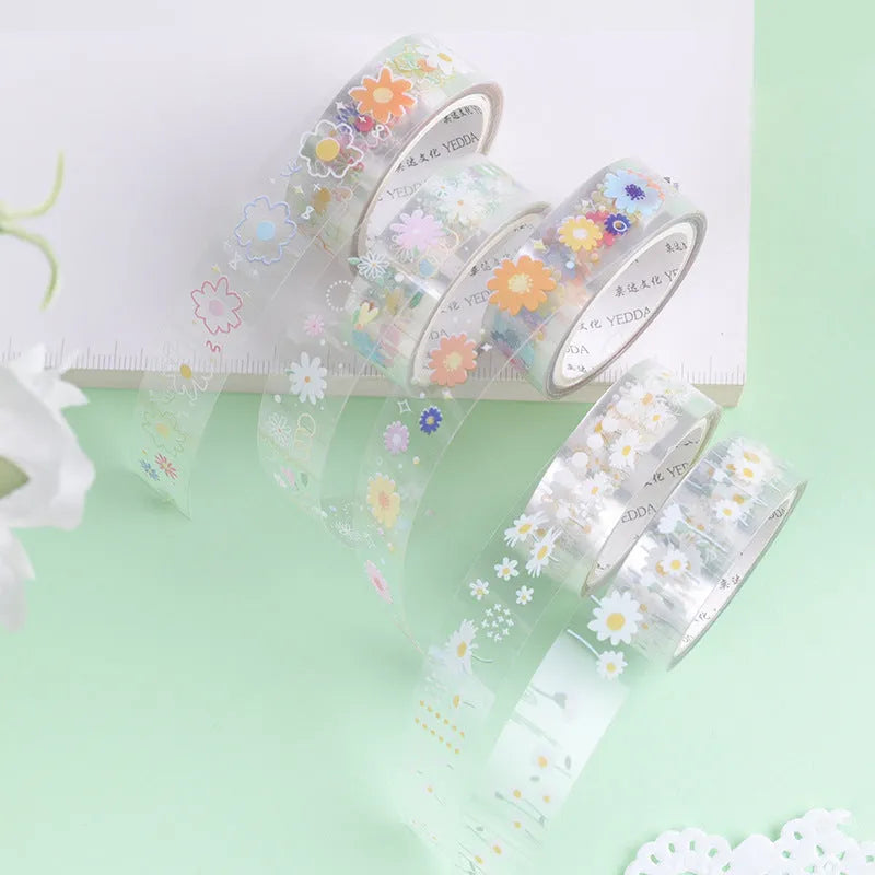 Five rolls of transparent decorative adhesive tape with Midsummer Daisy pattern for diary decoration