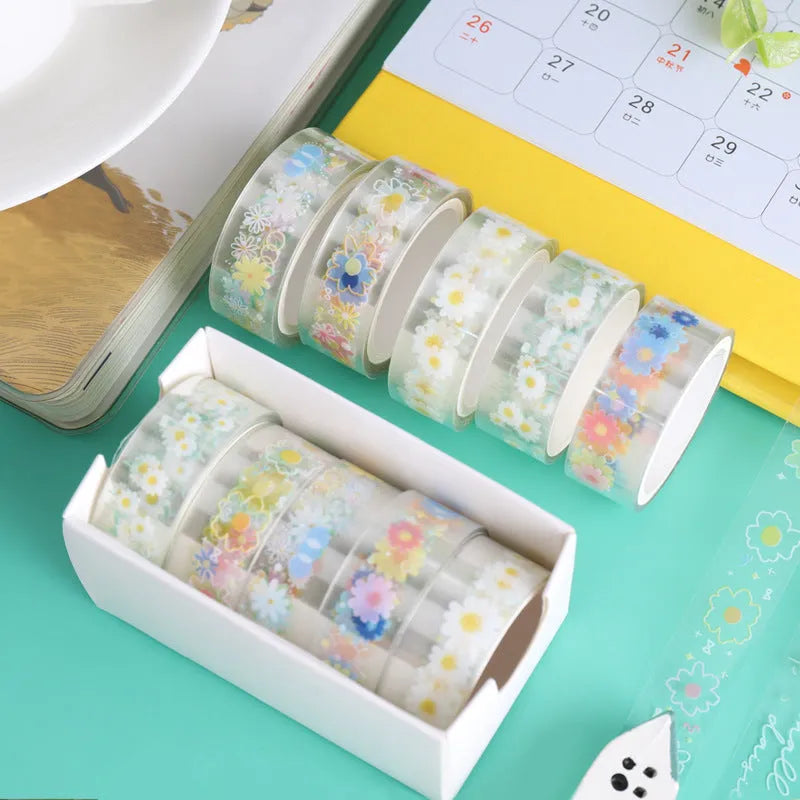 Five rolls of transparent decorative adhesive tape with Midsummer Daisy pattern for diary decoration