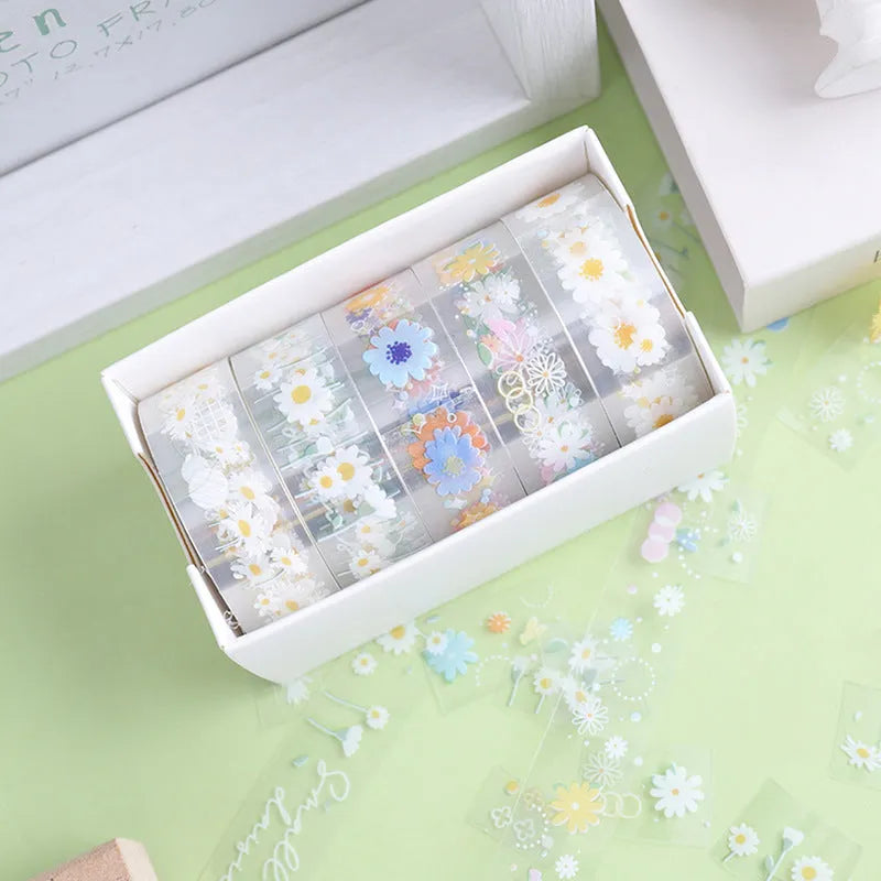 Five rolls of transparent decorative adhesive tape with Midsummer Daisy pattern for diary decoration