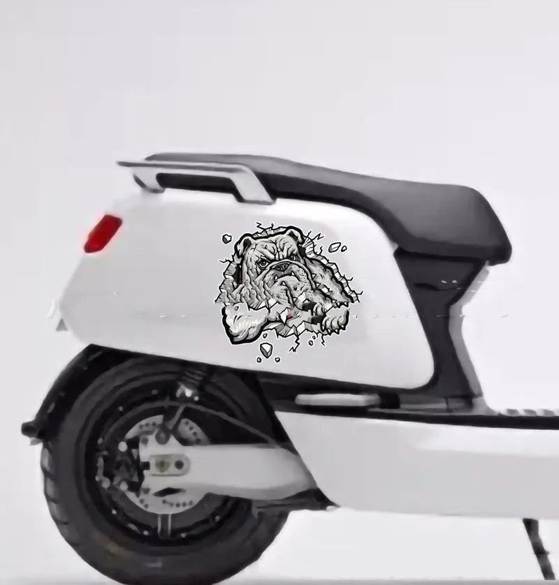 Square grey dog pattern paper sticker for motorcycle customisation, 17cm x 17cm.