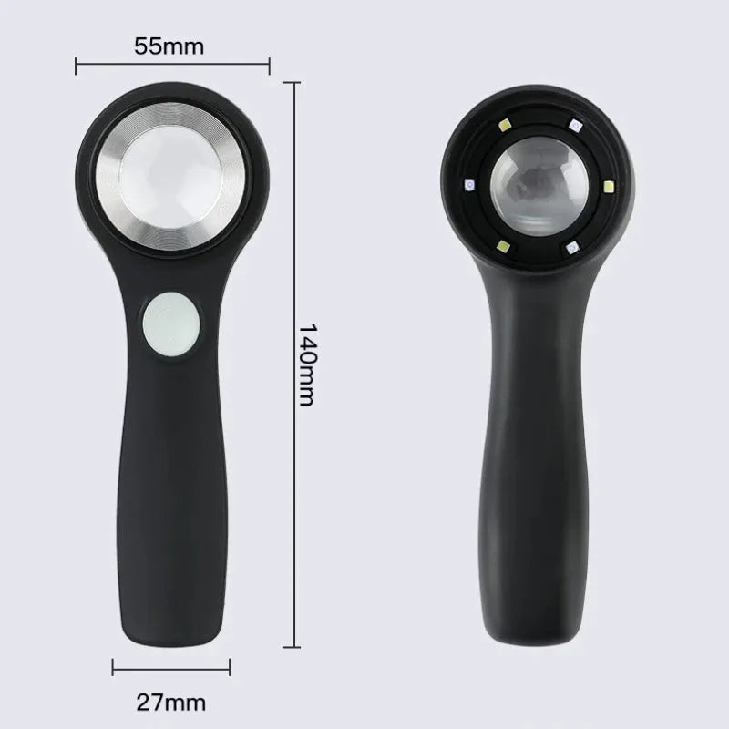 Black handheld magnifying glass with LED light for jewellery and coin appraisal.