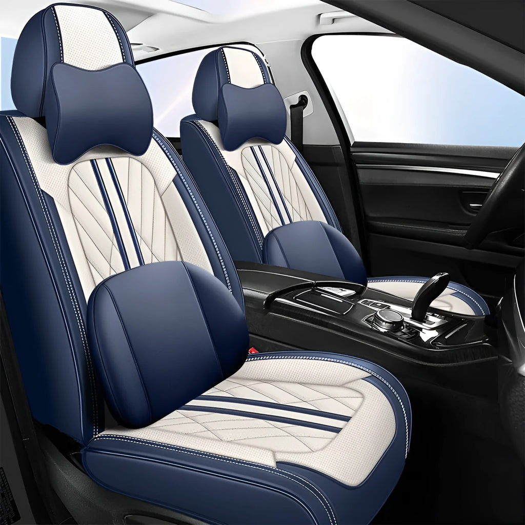 Five car seat cushions in various colour options including striped patterns and solid shades