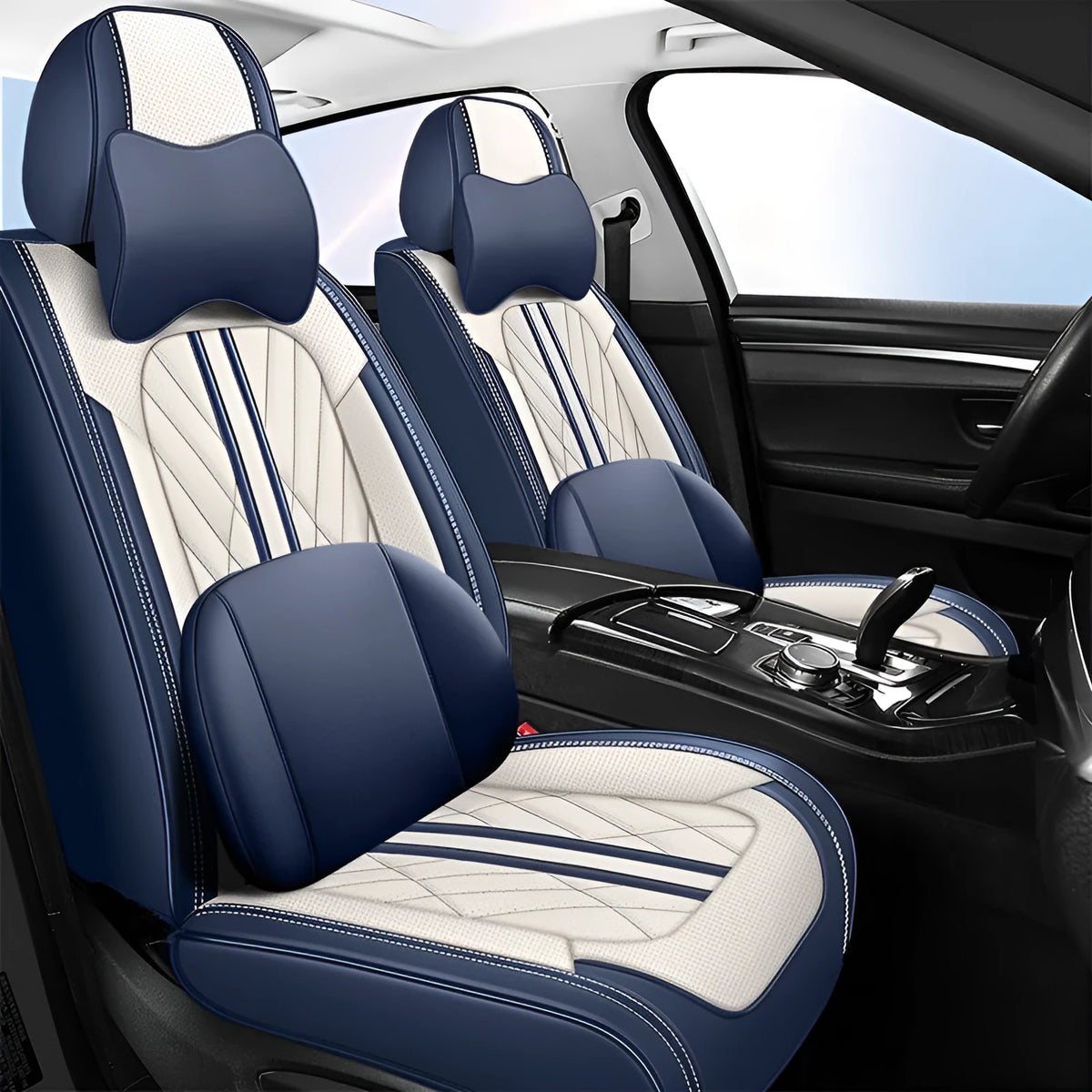 Five car seat cushions in various colour options including striped patterns and solid shades