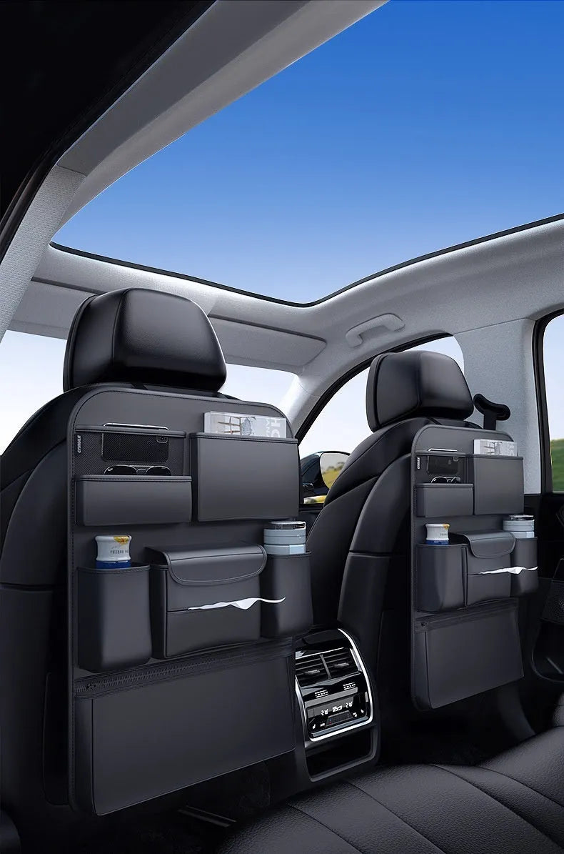 Black leather car seat back hanging storage bag with handle in two size options