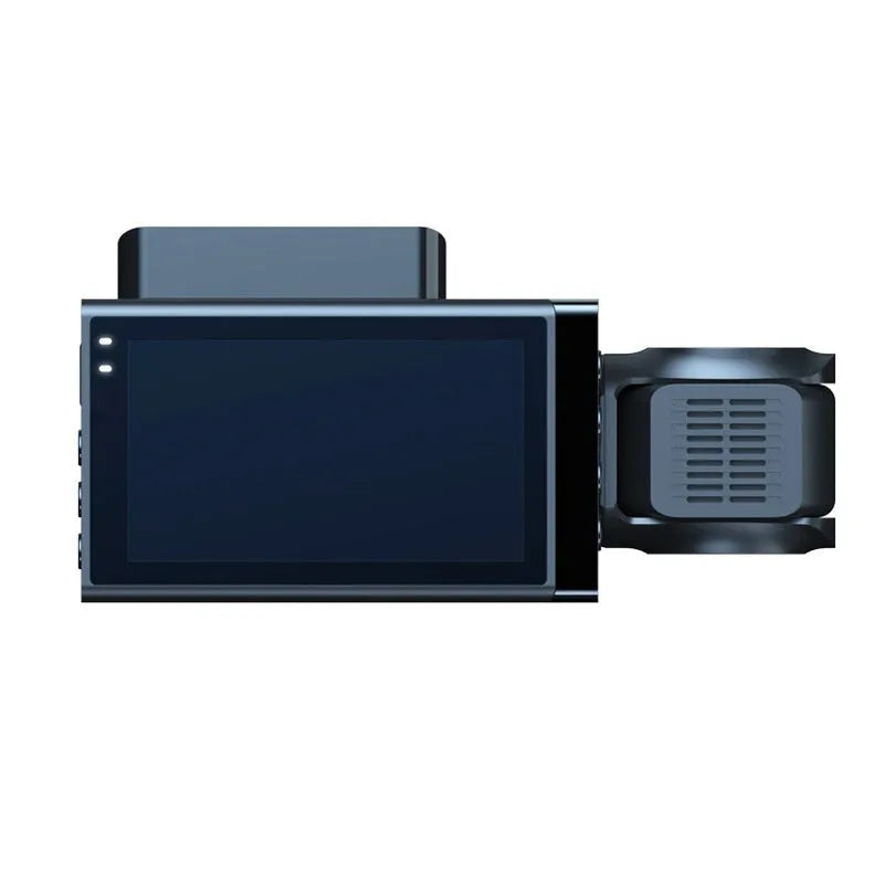 Black car dash camera with 5-inch screen showing front and rear recording with GPS and mobile phone WiFi interconnection