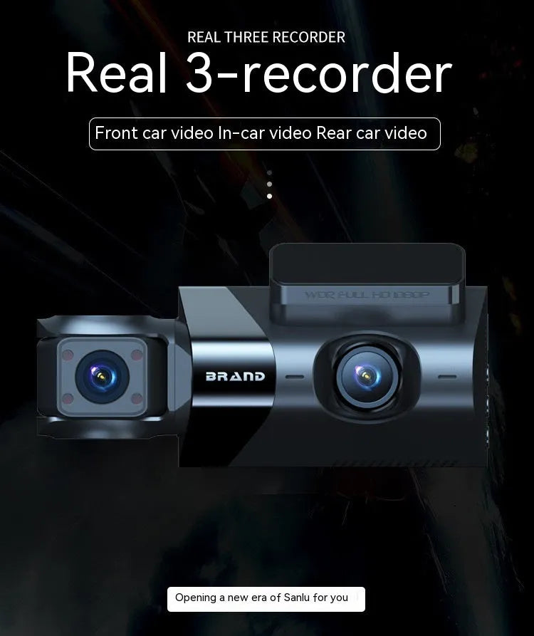 Black car dash camera with 5-inch screen showing front and rear recording with GPS and mobile phone WiFi interconnection