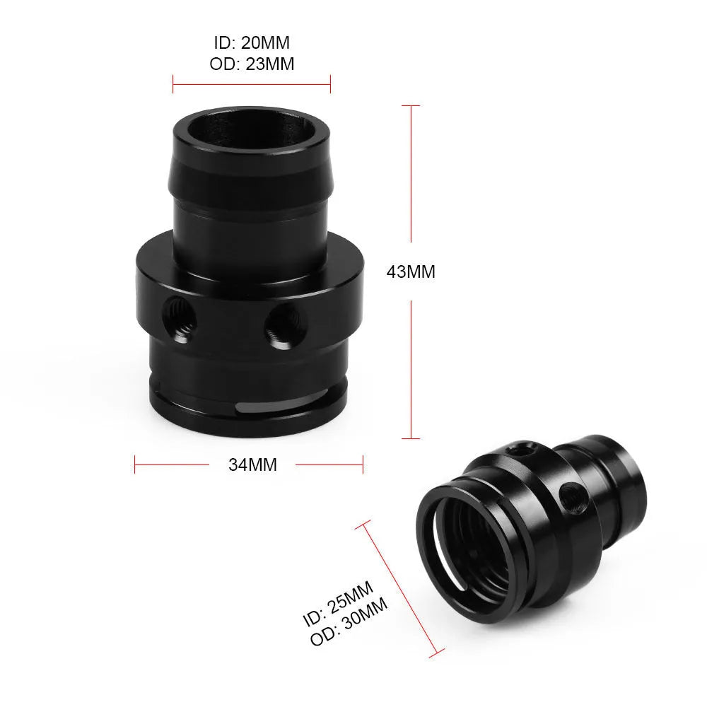 Black aluminium vacuum adapter tee fitting for second generation automotive engines.