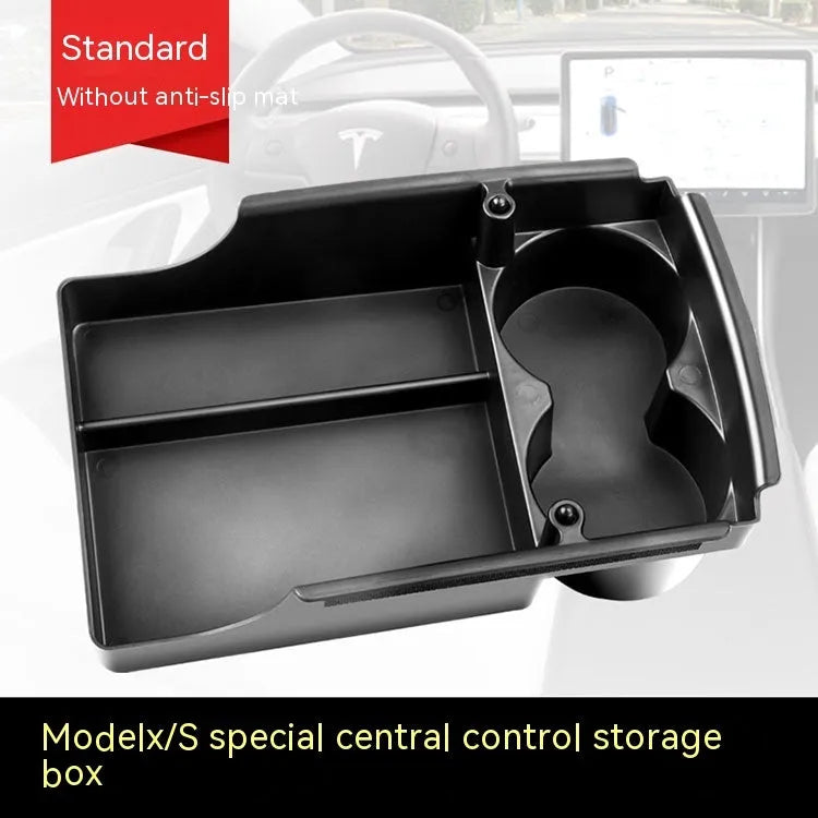 Tesla central armrest storage box retrofit accessory in plastic for Model 3, Model S, and Model X