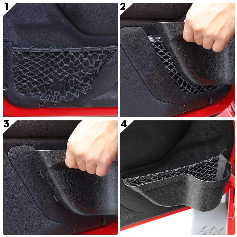 A pair of black aluminium alloy storage boxes designed for car seat back pockets.