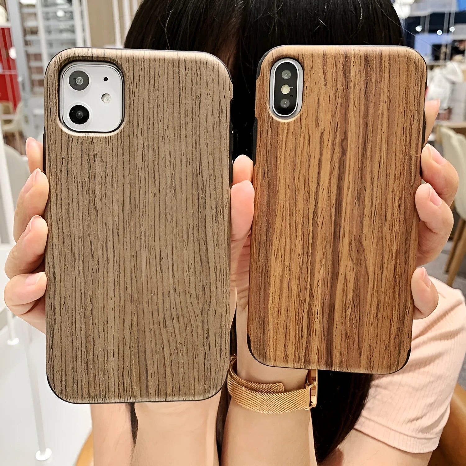 Wood phone case for iPhone showing natural wood grain in rosewood colour