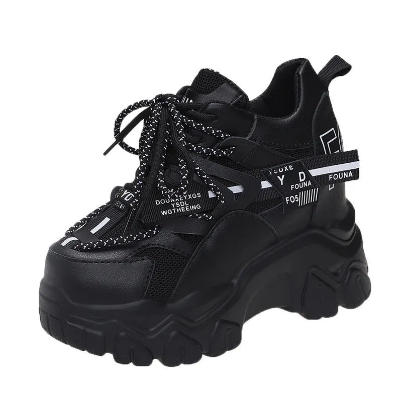 Women's white breathable mesh platform sports shoes with a cross strap and rubber sole.