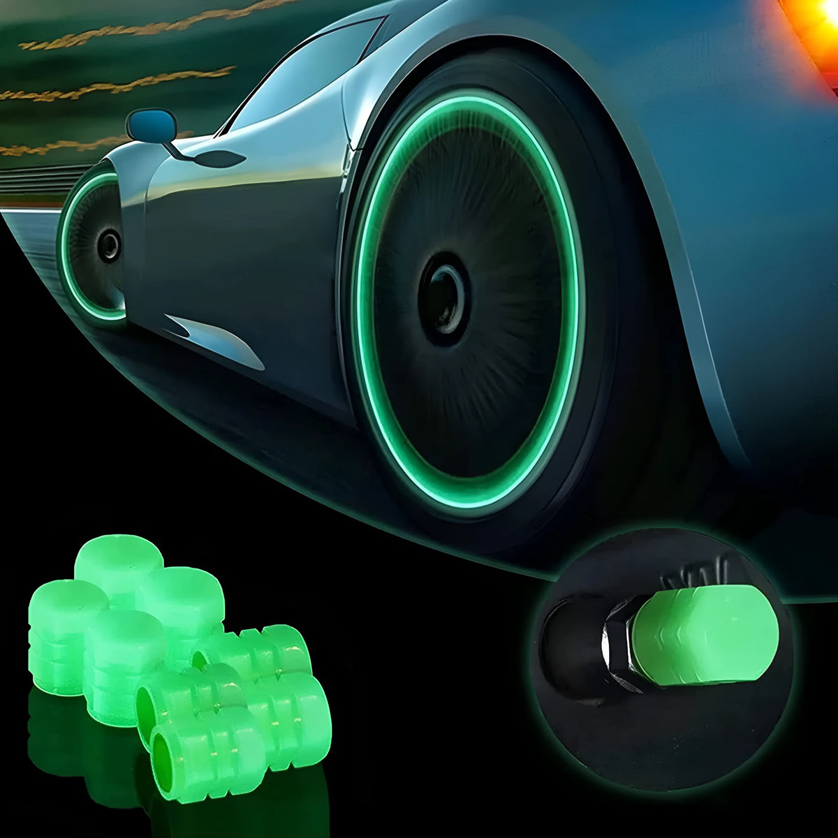 Set of luminous rubber tyre valve caps in assorted colours on a car wheel valve stem.