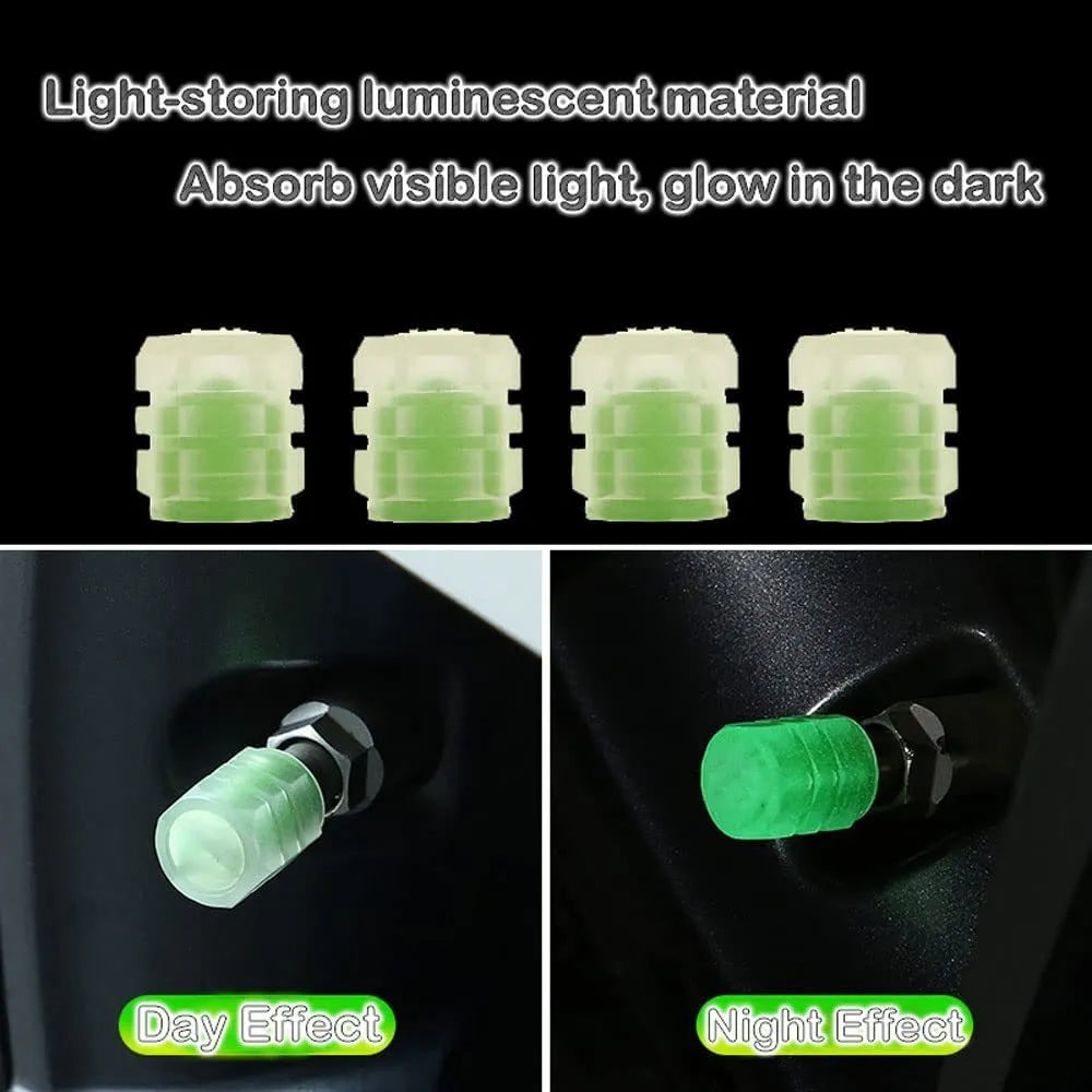 Set of luminous rubber tyre valve caps in assorted colours on a car wheel valve stem.