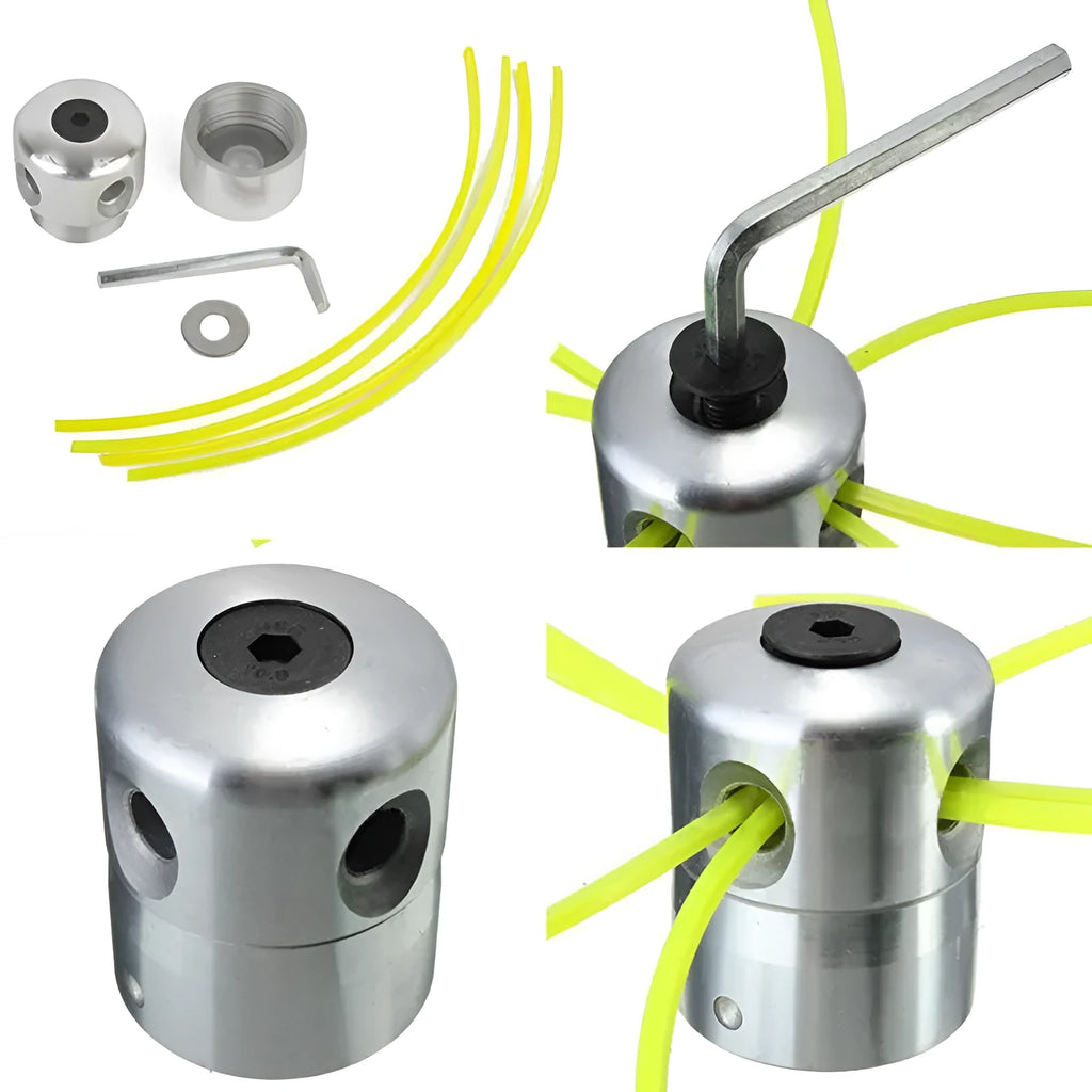 Silver aluminium lawn mower grass cutting head with four light yellow square cords