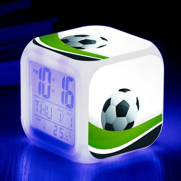 Square football pattern alarm clock with mute alarm function in blue, green, or yellow