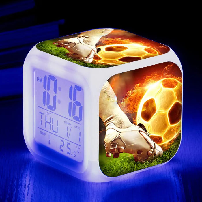 Square football pattern alarm clock with mute alarm function in blue, green, or yellow