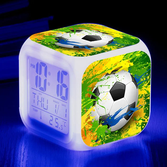 Square football pattern alarm clock with mute alarm function in blue, green, or yellow