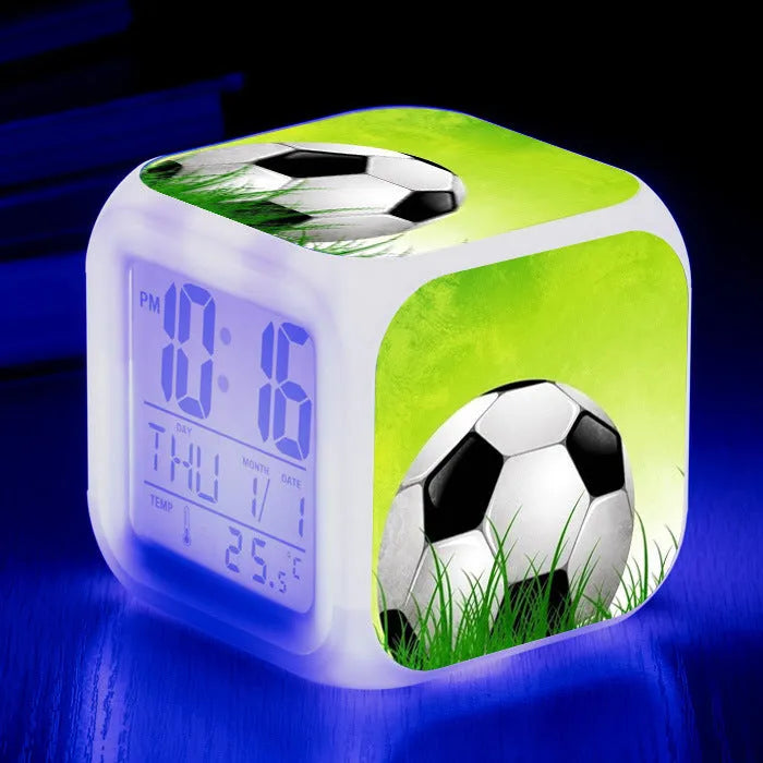 Square football pattern alarm clock with mute alarm function in blue, green, or yellow