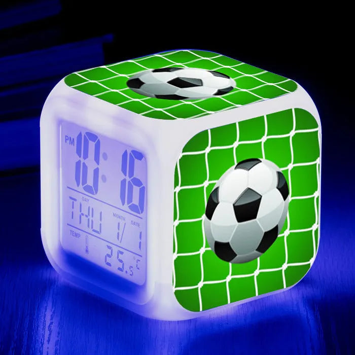 Square football pattern alarm clock with mute alarm function in blue, green, or yellow