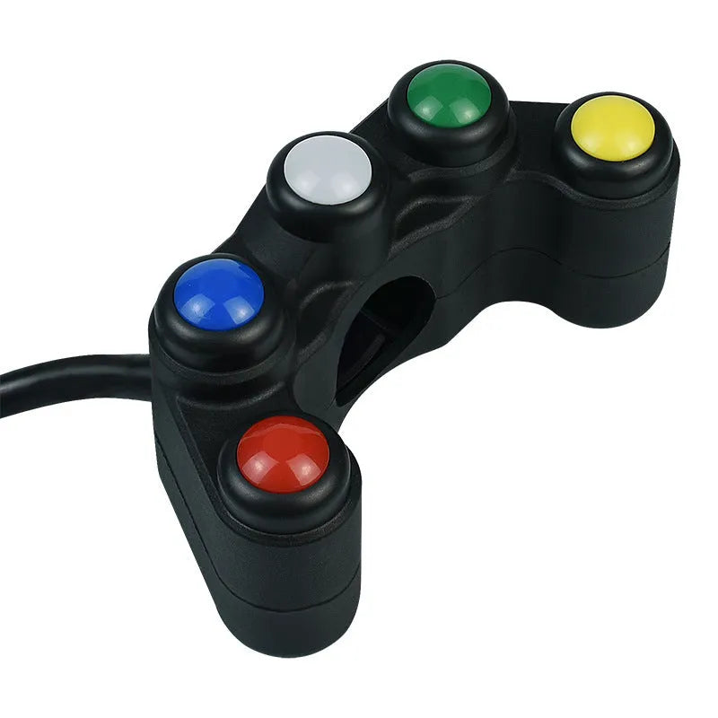 Plastic five-position vehicle switch with red, yellow, blue, green, and white buttons, showing 52cm cable and 2.2cm mount.