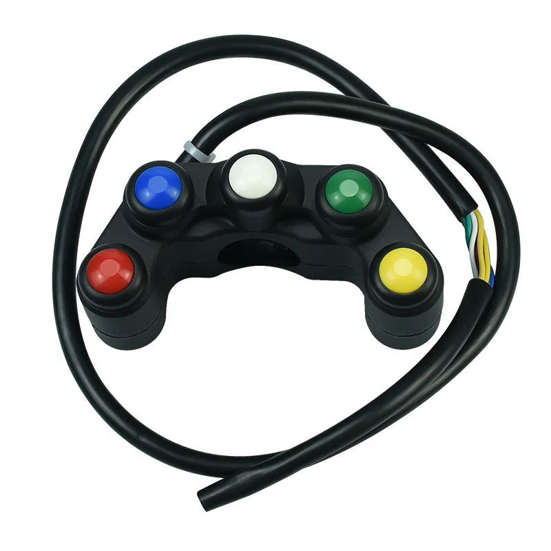 Plastic five-position vehicle switch with red, yellow, blue, green, and white buttons, showing 52cm cable and 2.2cm mount.