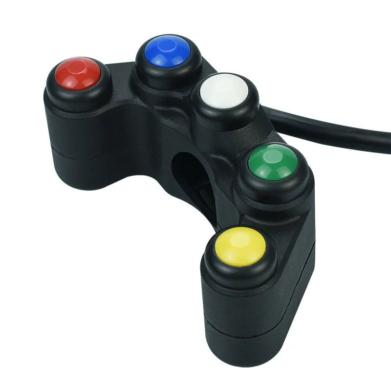 Plastic five-position vehicle switch with red, yellow, blue, green, and white buttons, showing 52cm cable and 2.2cm mount.